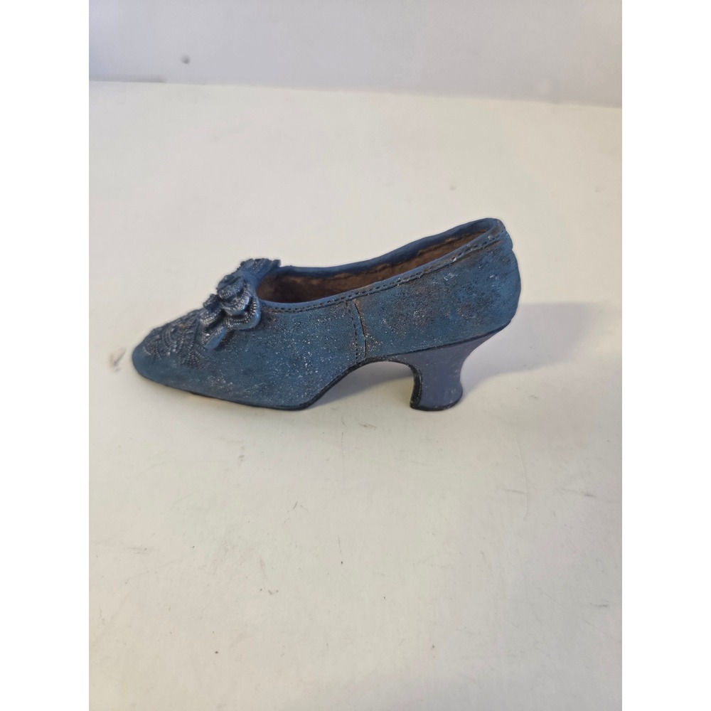 Blue Miniature Shoe Figurine Victorian Style Beaded Bow Detail Danya Corp